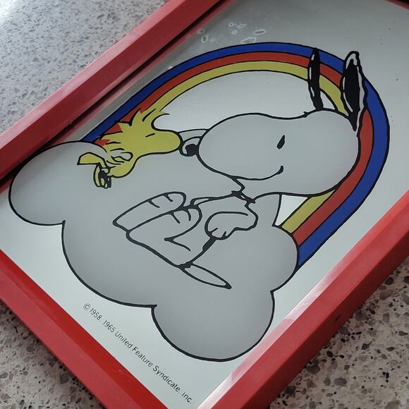 VTG Snoopy Woodstock Kissing Rainbow Cloud Mirror Red Framed Peanuts 1958 1965 - Picture 12 of 15